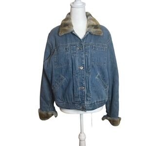 Vtg Women’s Denim Jean Jacket Large Faux Fur Collar Sleeves Quilted Lined READ